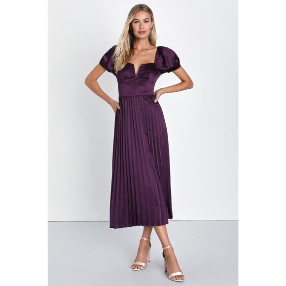 Lulus Flawless Forever Dress Women's L Dark Purple Midi Satin Pleated NWT - Picture 2 of 11